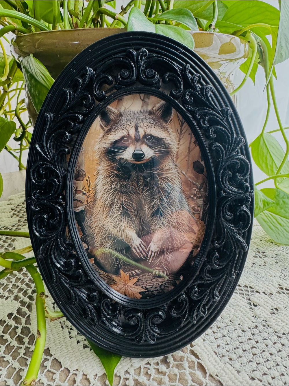 Black Ornate Oval Raccoon Wall Art Frame about 5” x 4”